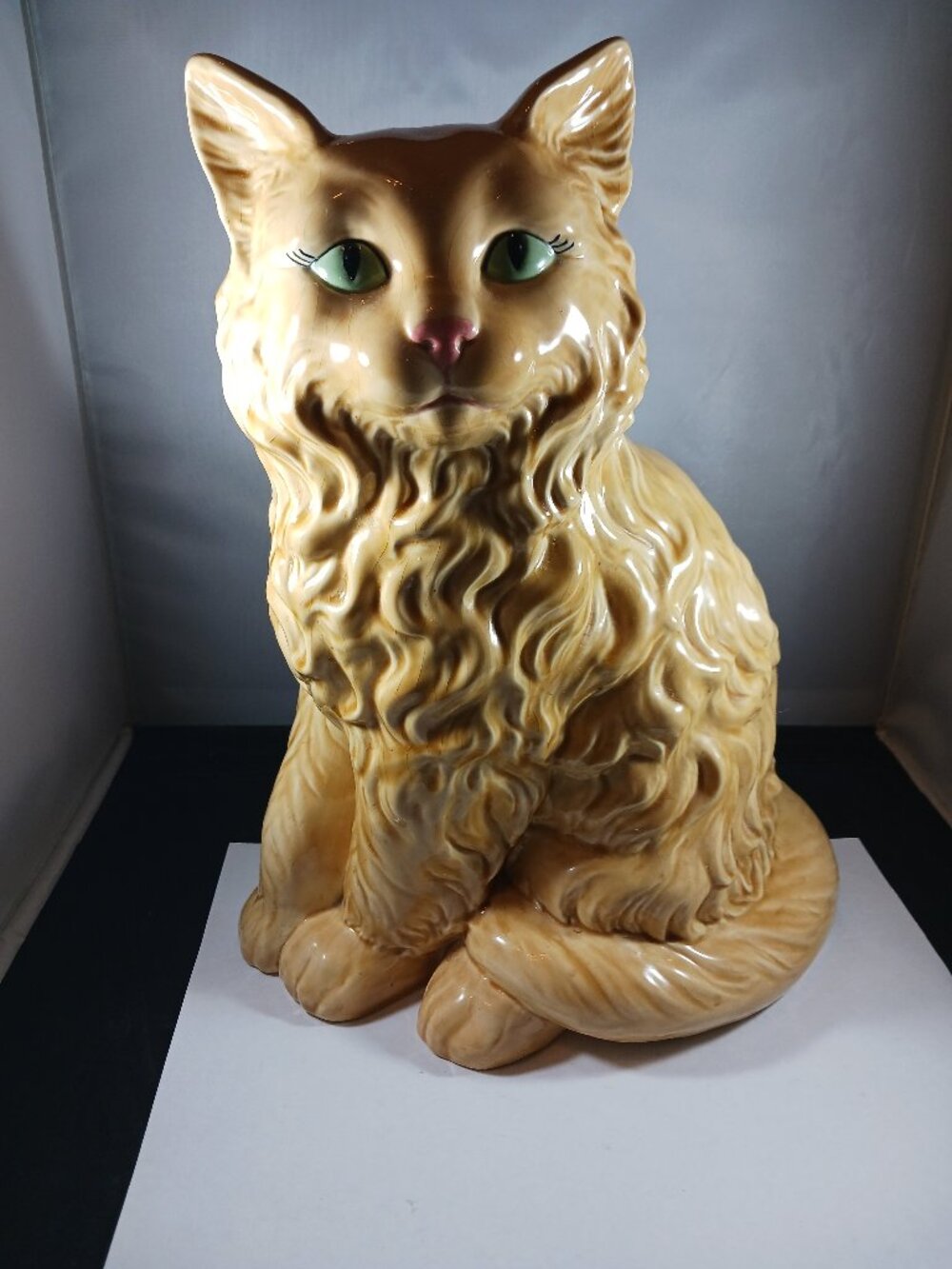 Ceramic Cat Vintage Large 11" Tan - Brown Cat Sitting Statue Green Eyes